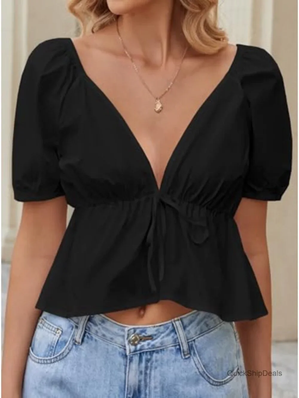 Deep V Neck Peplum Crop Top Ruffle Hem Puff Short Sleeve Blouse